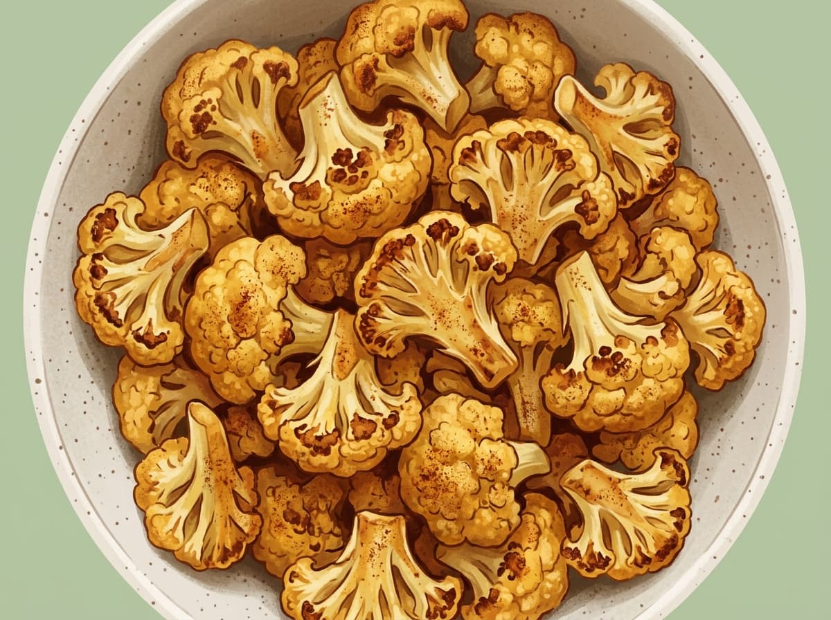 Golden spiced cauliflower florets in an air fryer basket