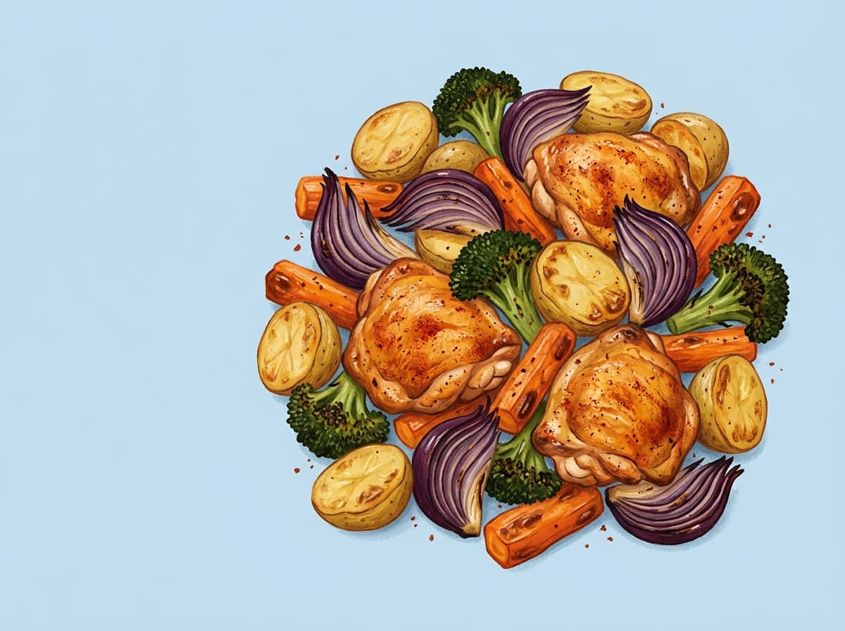A tray of roasted chicken thighs with potatoes, carrots and broccoli
