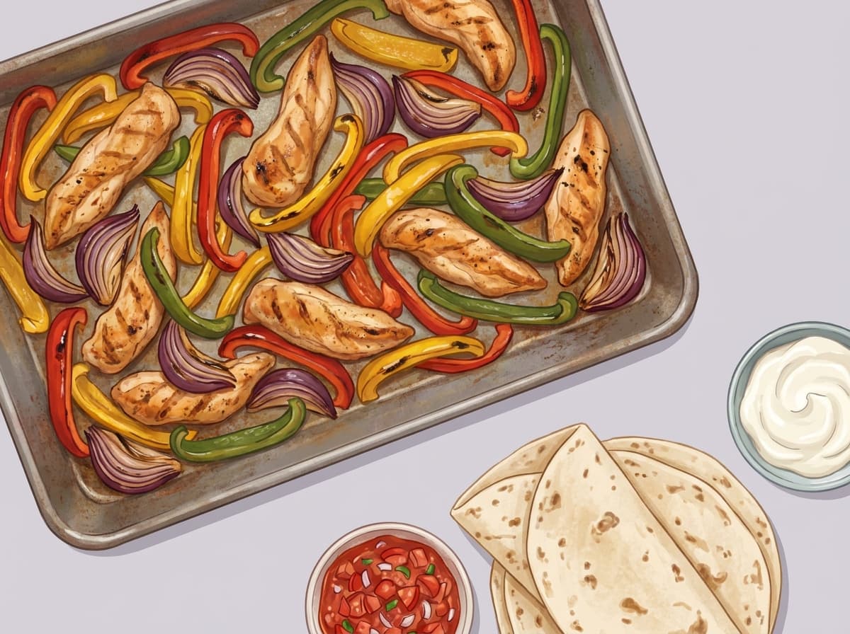 A tray of roasted chicken strips with capsicum and onion beside tortillas