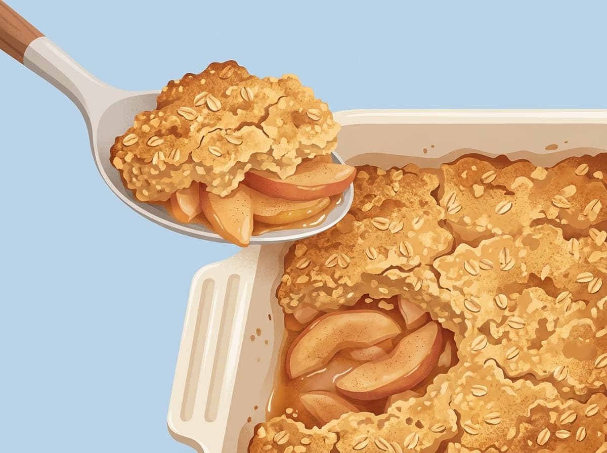 A baked apple crumble in a dish with a golden oat topping