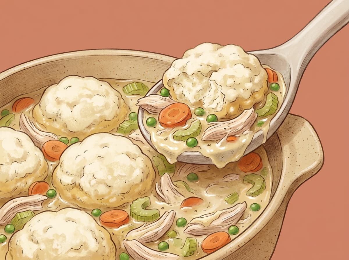 A pot of chicken stew topped with fluffy dumplings