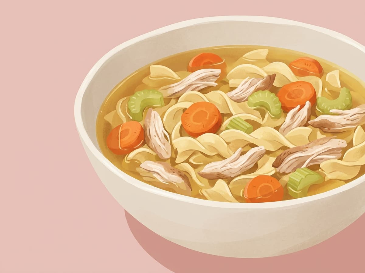 A bowl of chicken noodle soup with shredded chicken, carrot and noodles