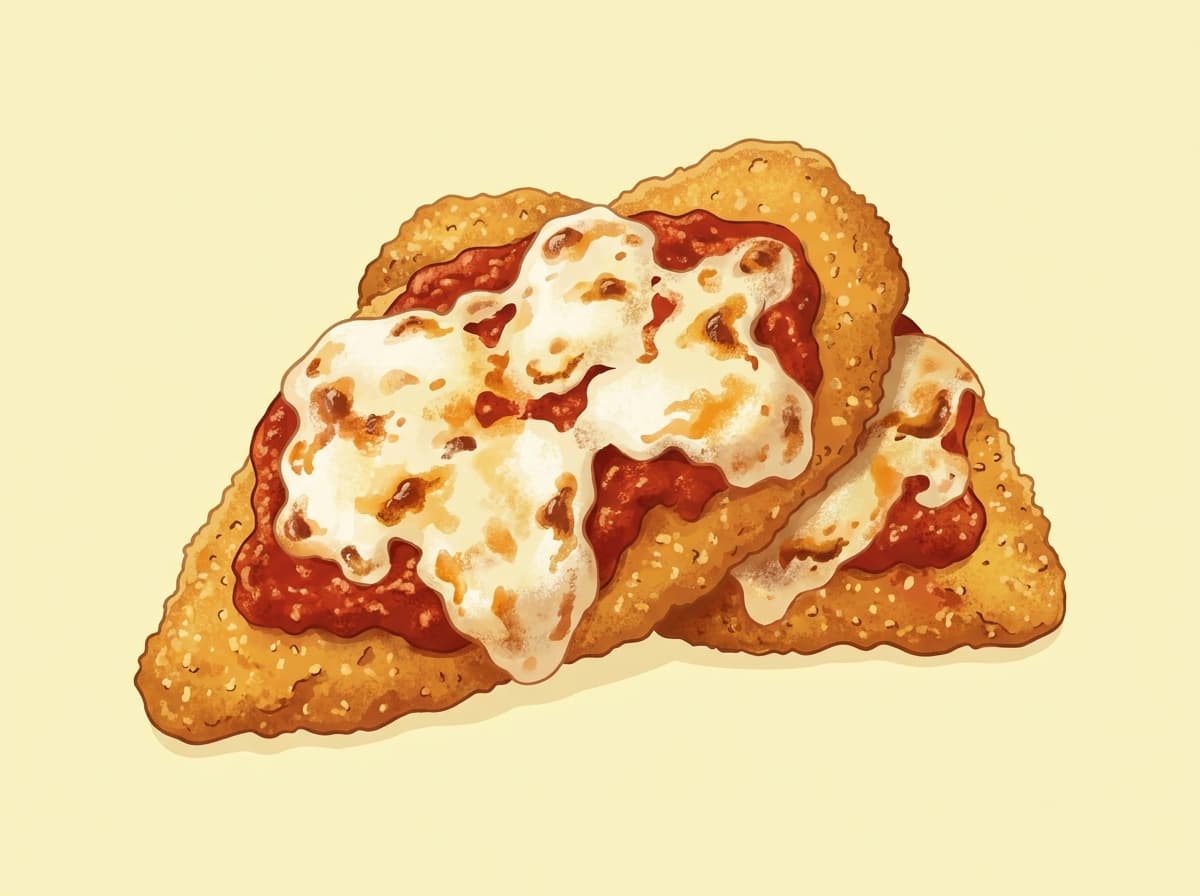 A baked chicken parmigiana with melted mozzarella and tomato sauce