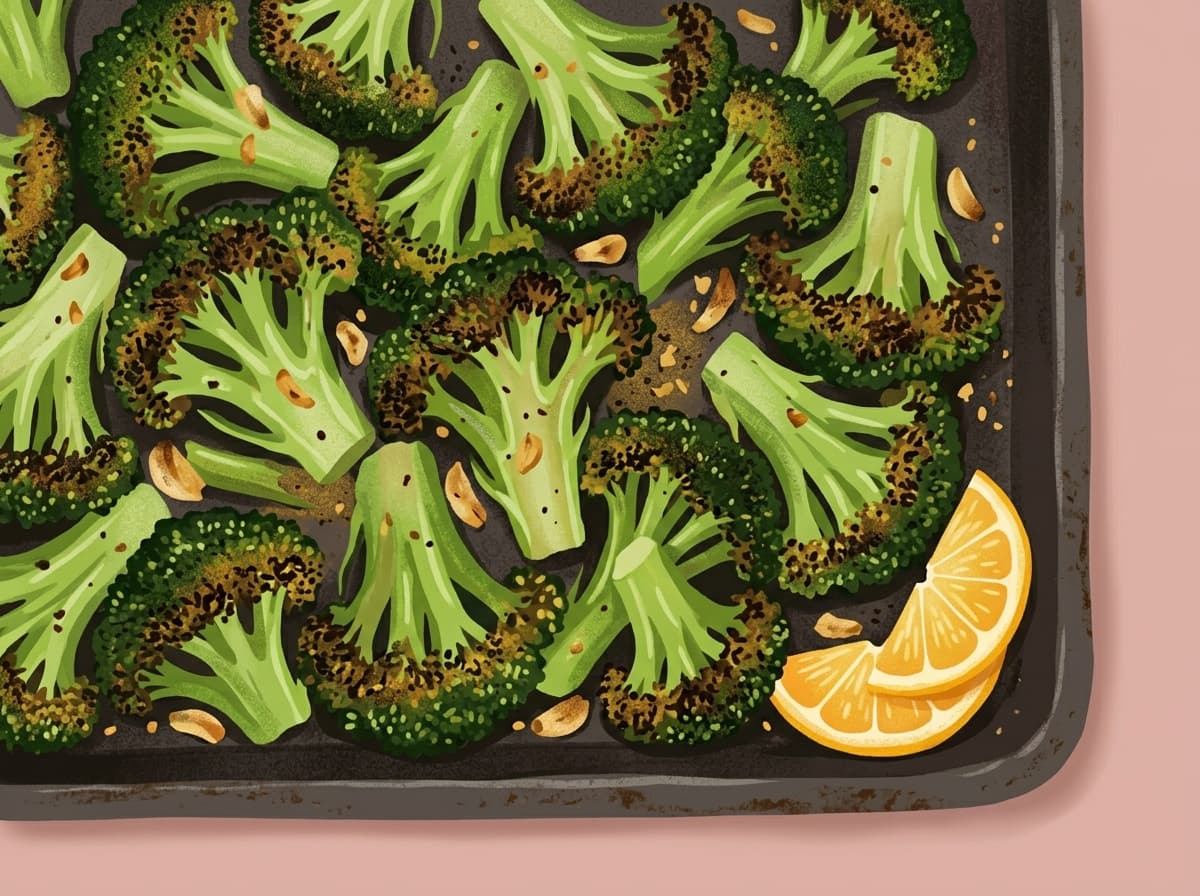 A tray of roasted broccoli florets with lemon wedges