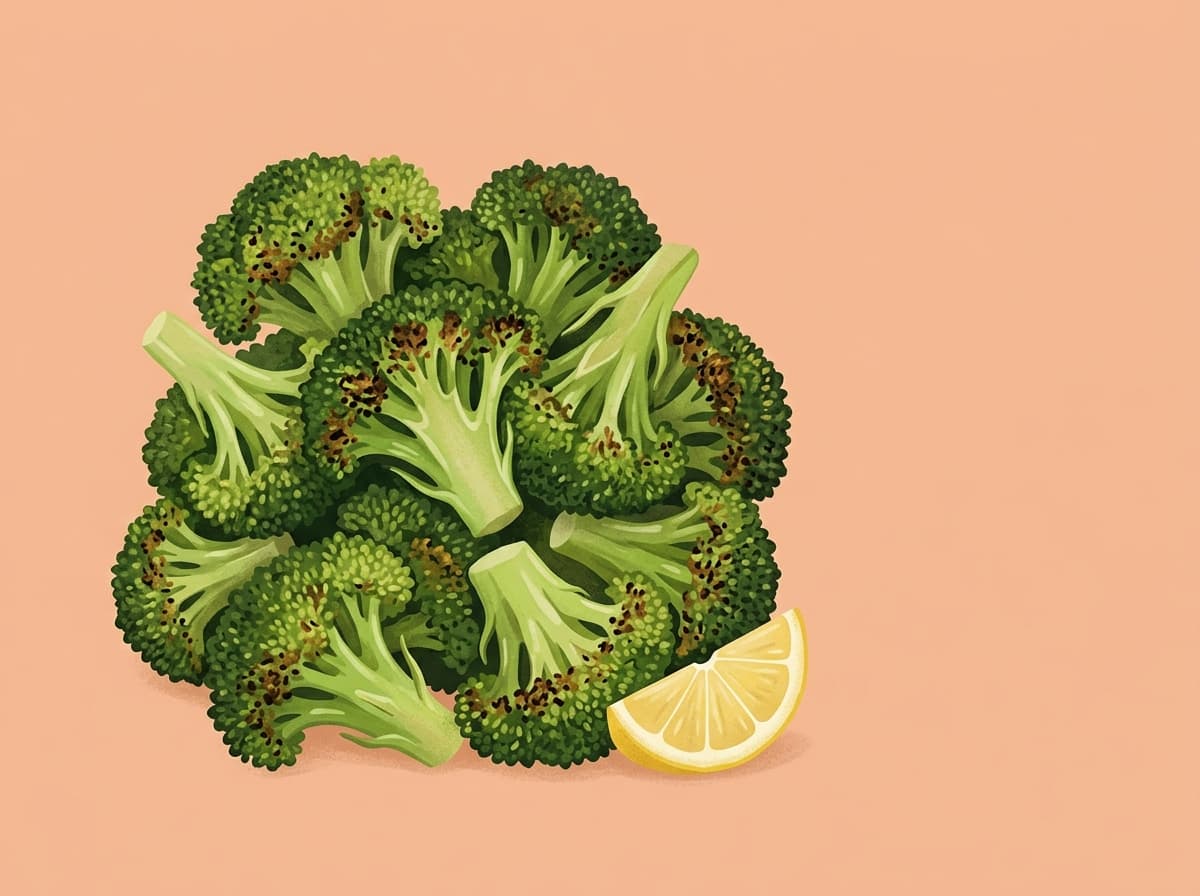 Air fryer broccoli florets with charred tips and lemon