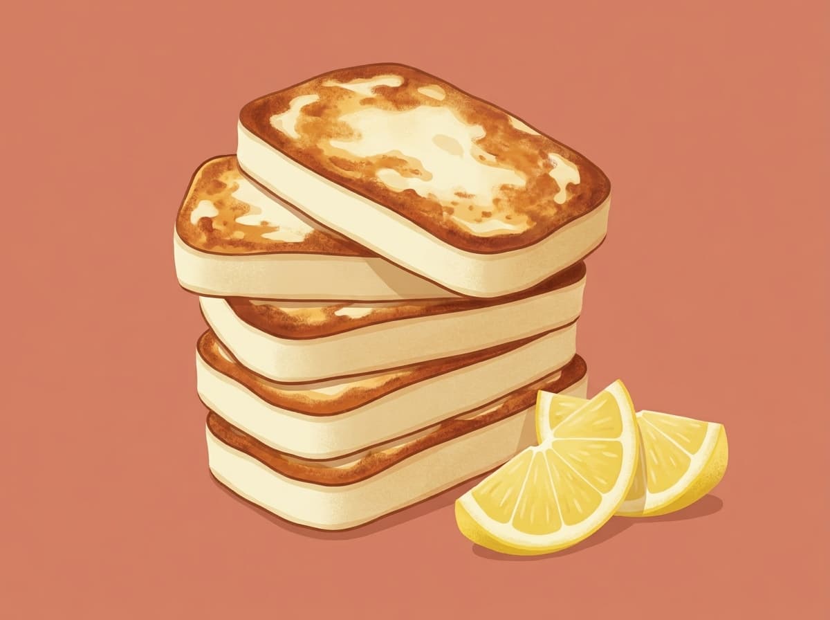 Golden air fryer halloumi slices with a lemon wedge