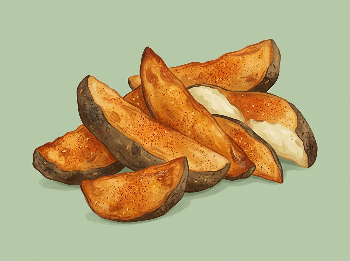Golden seasoned potato wedges in an air fryer basket