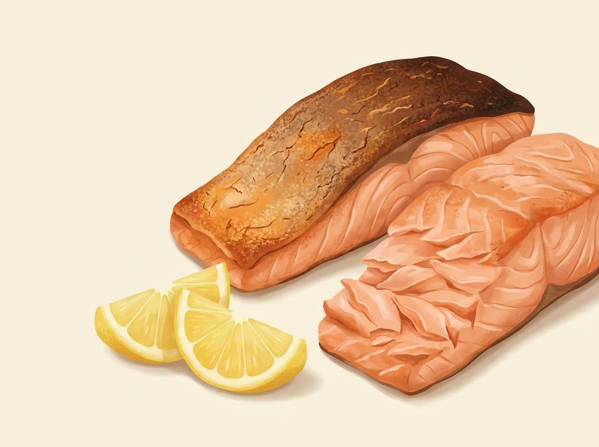 Air fryer salmon fillet with crisp skin and a lemon wedge