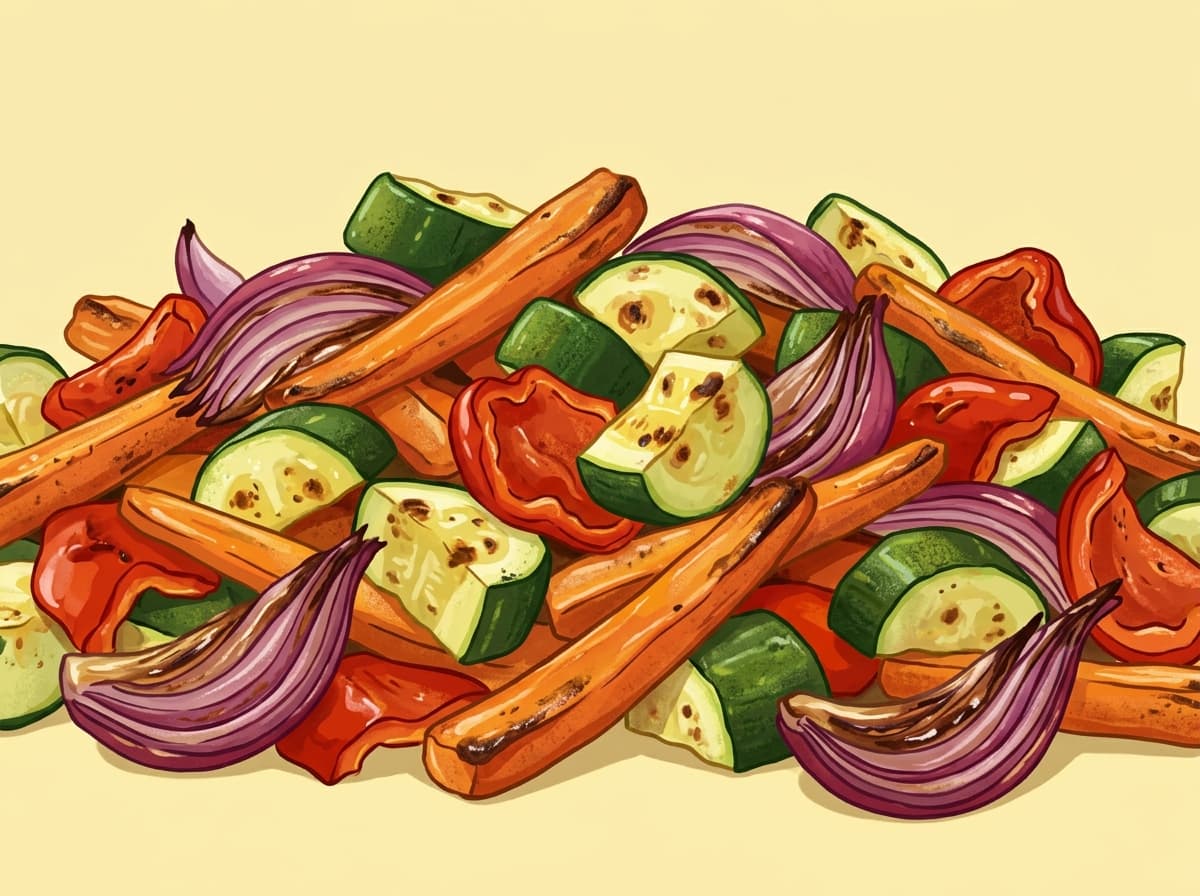 Air fryer carrots, zucchini, capsicum and red onion in a basket