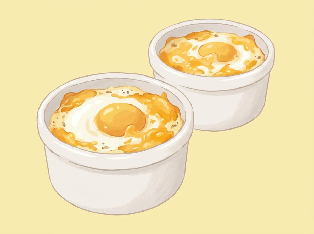 Ramekins of baked eggs with melted cheese and toast soldiers