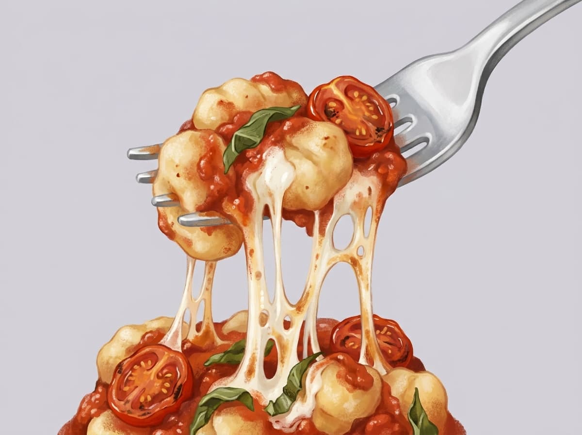 Baked gnocchi in tomato sauce with browned mozzarella and basil