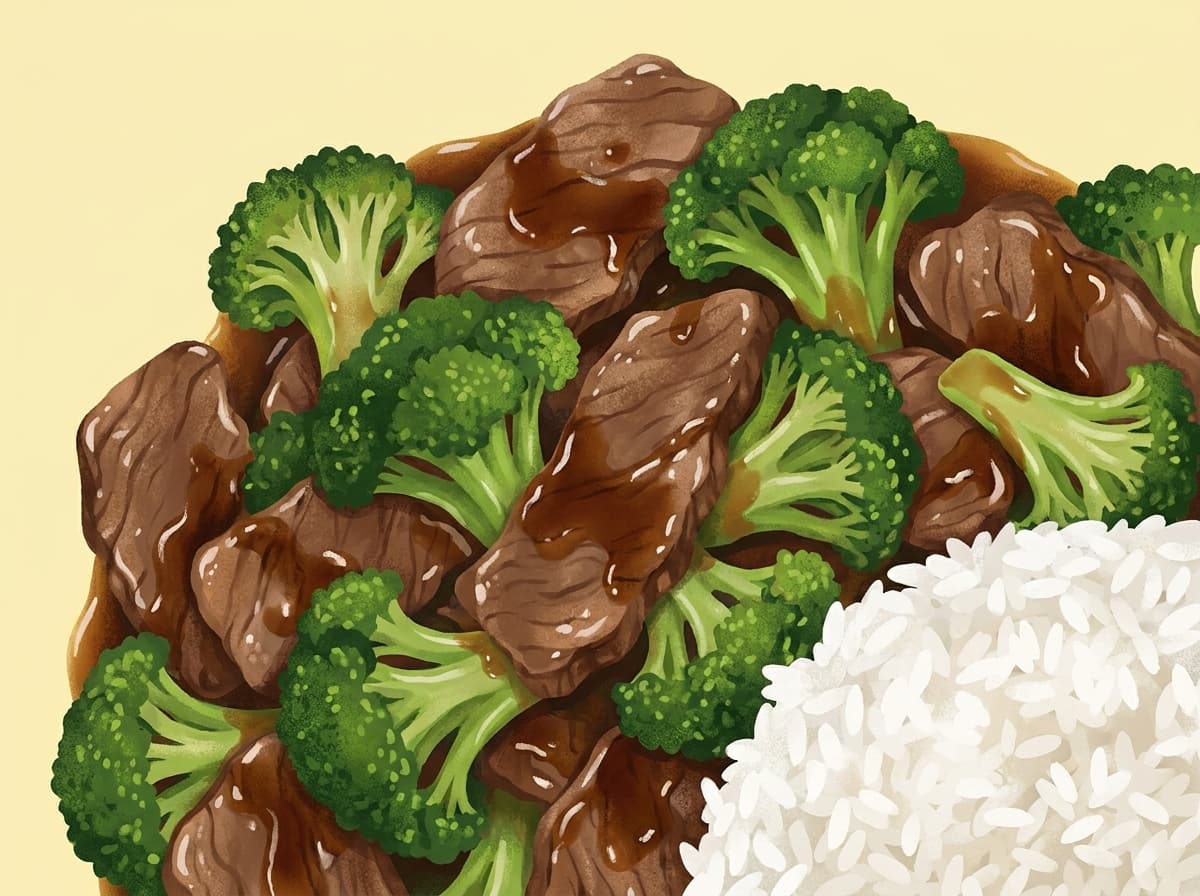 Beef and broccoli stir-fry in glossy sauce served with rice