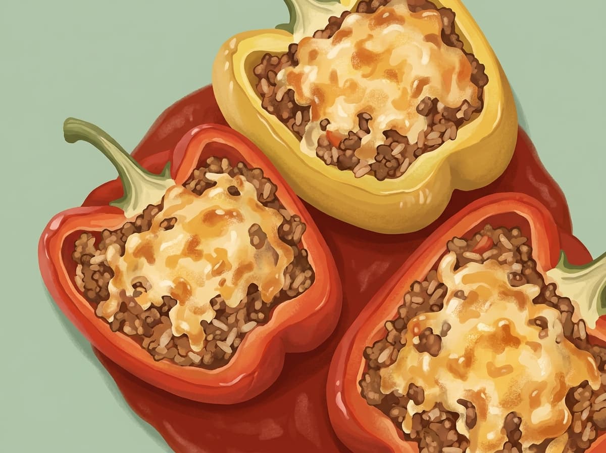 Baked capsicum halves stuffed with beef and rice and topped with melted cheese