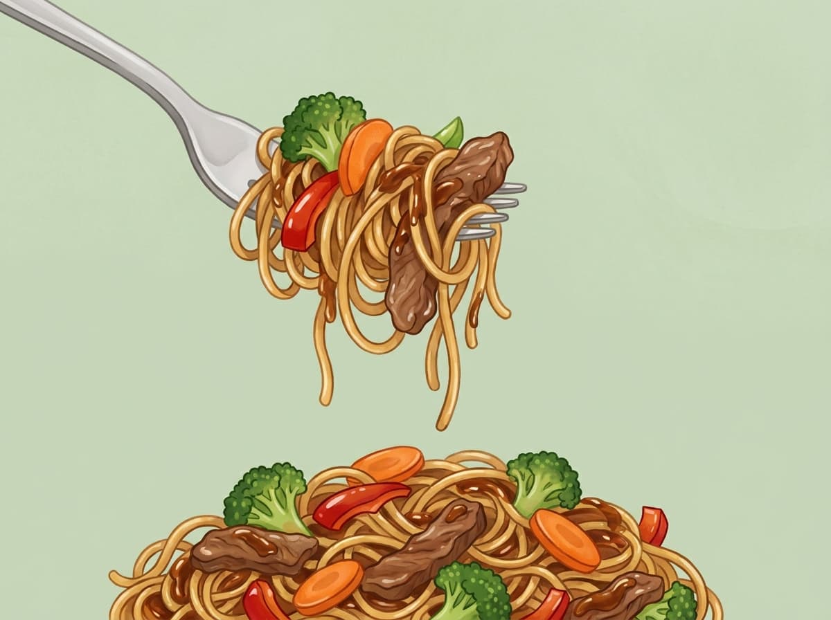 Beef and vegetable stir-fry with noodles in a wok