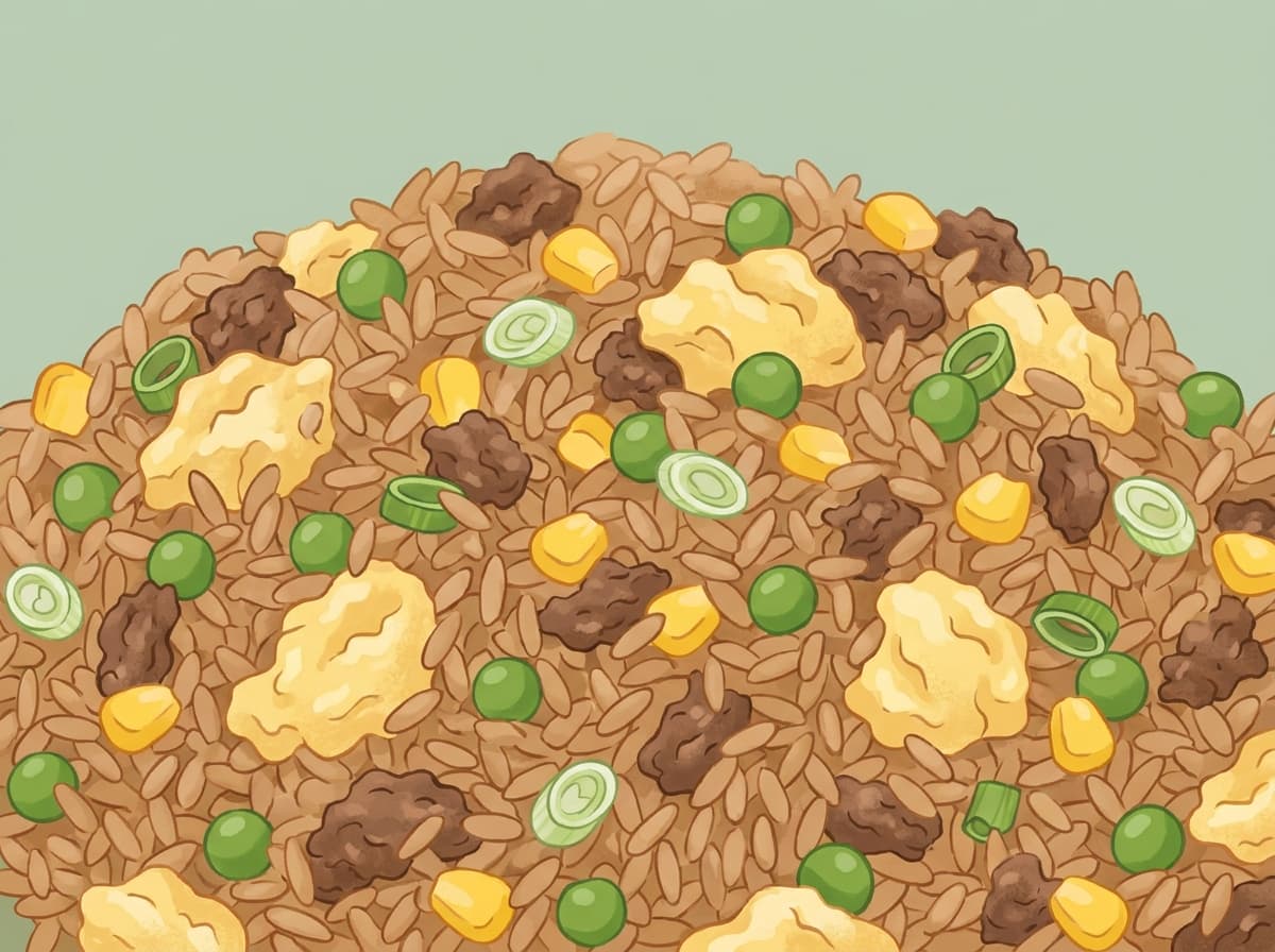 Wok of beef fried rice with egg, peas and spring onion