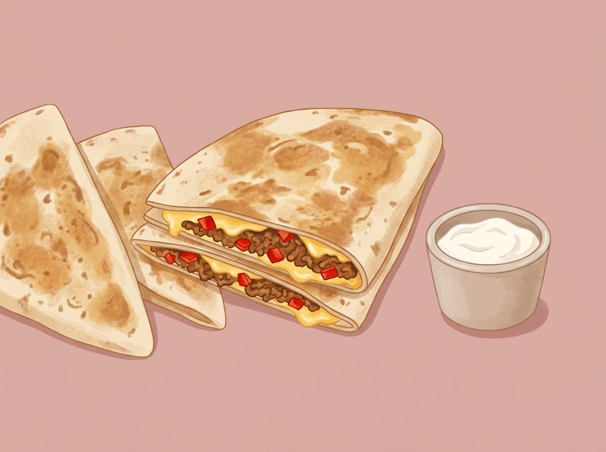 Cut beef quesadilla wedges with melted cheese and spiced beef