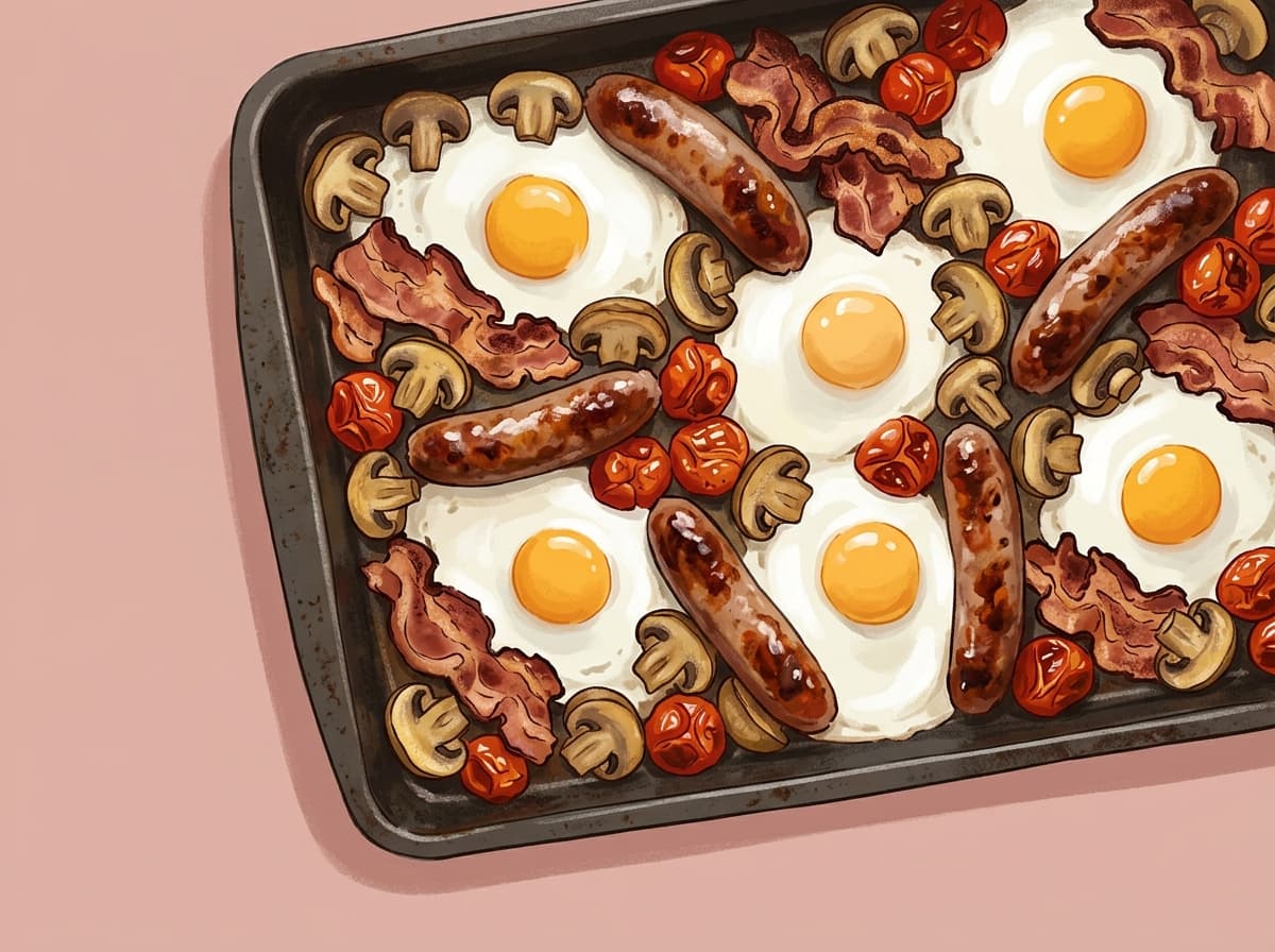 A tray of roasted sausages, bacon, mushrooms and tomatoes with baked eggs