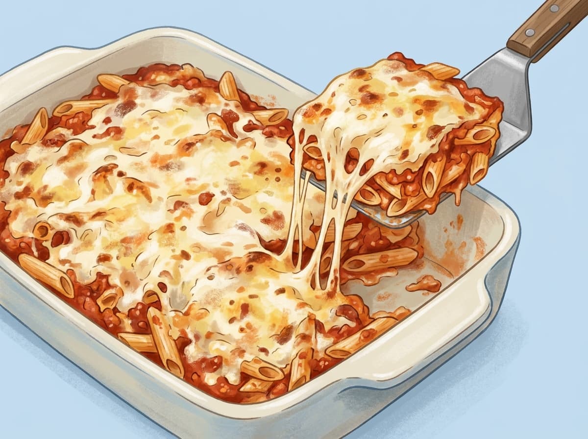 A baking dish of cheesy baked pasta with golden mozzarella