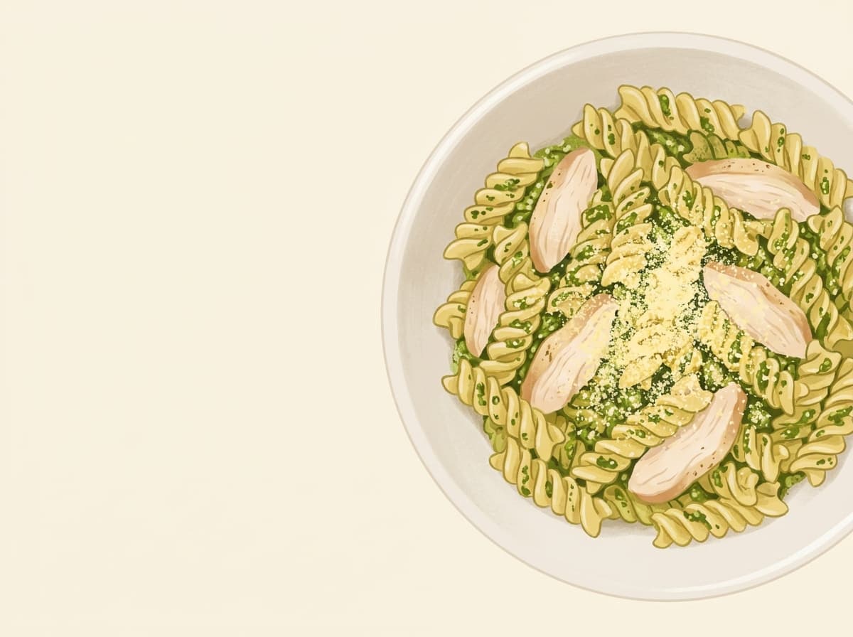 A bowl of pesto pasta with sliced chicken and parmesan