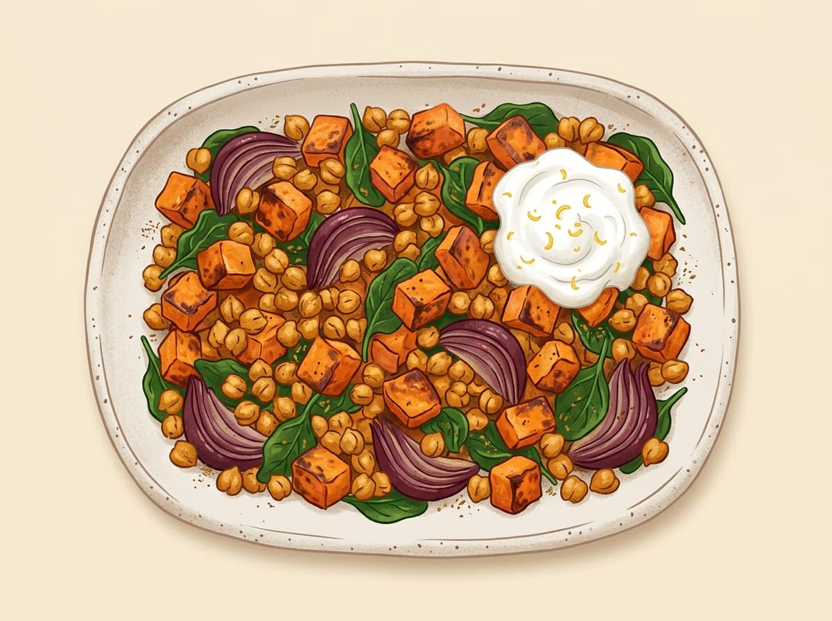 A tray of roasted sweet potato and chickpeas with spinach and lemon yoghurt