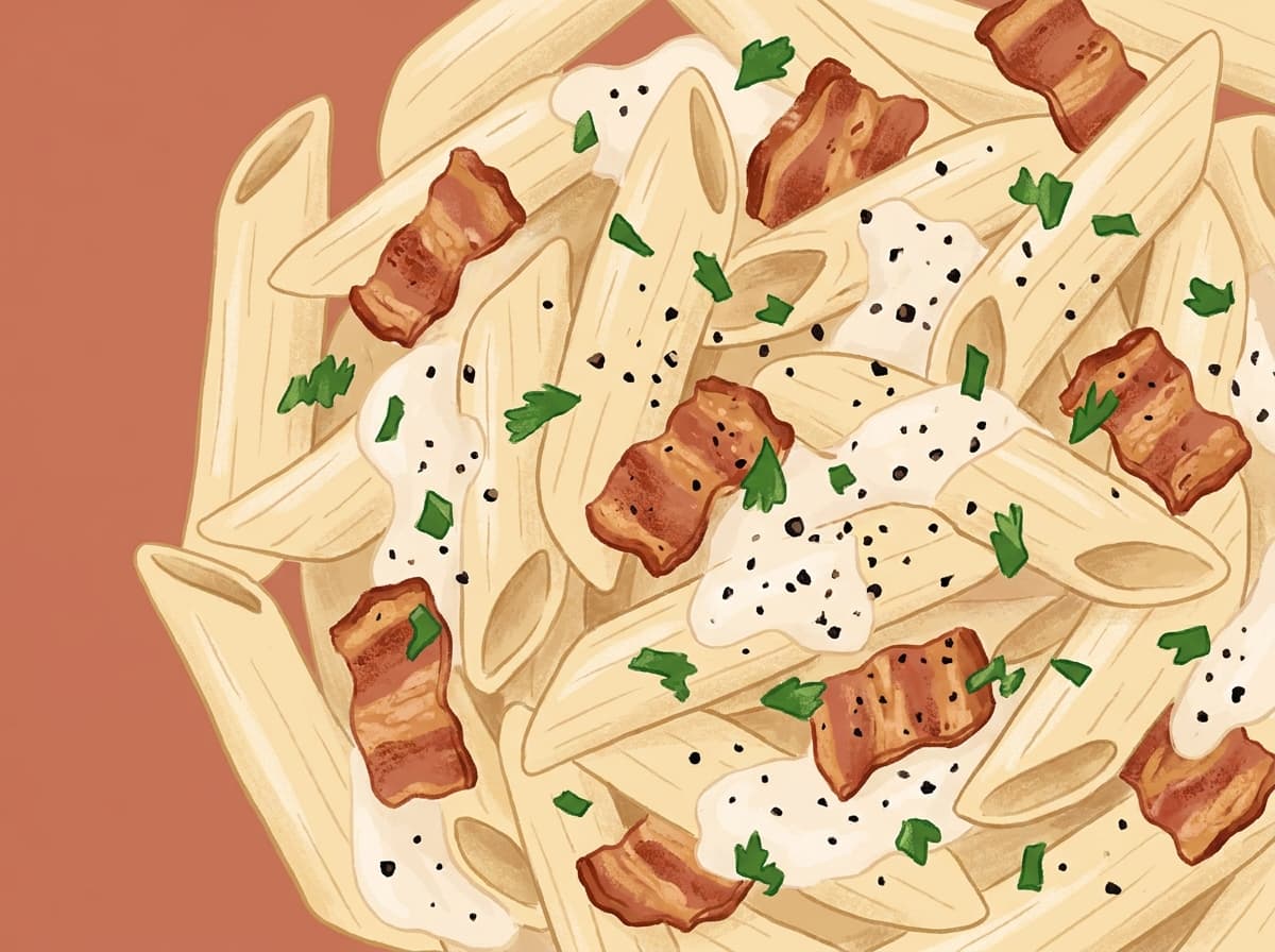 A bowl of creamy bacon pasta with parmesan