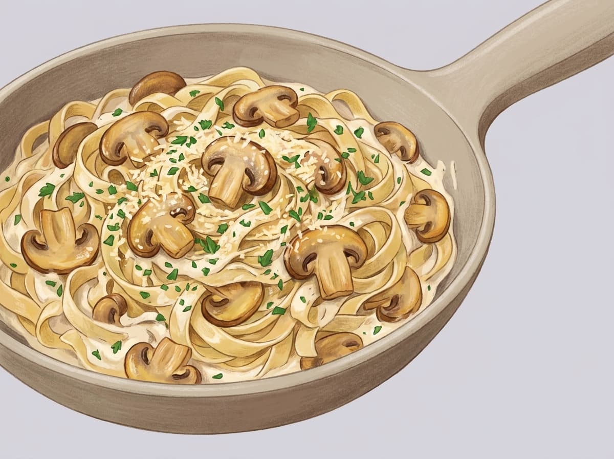 A bowl of creamy mushroom pasta with parsley