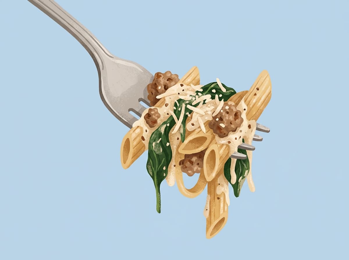Bowl of creamy sausage and spinach pasta