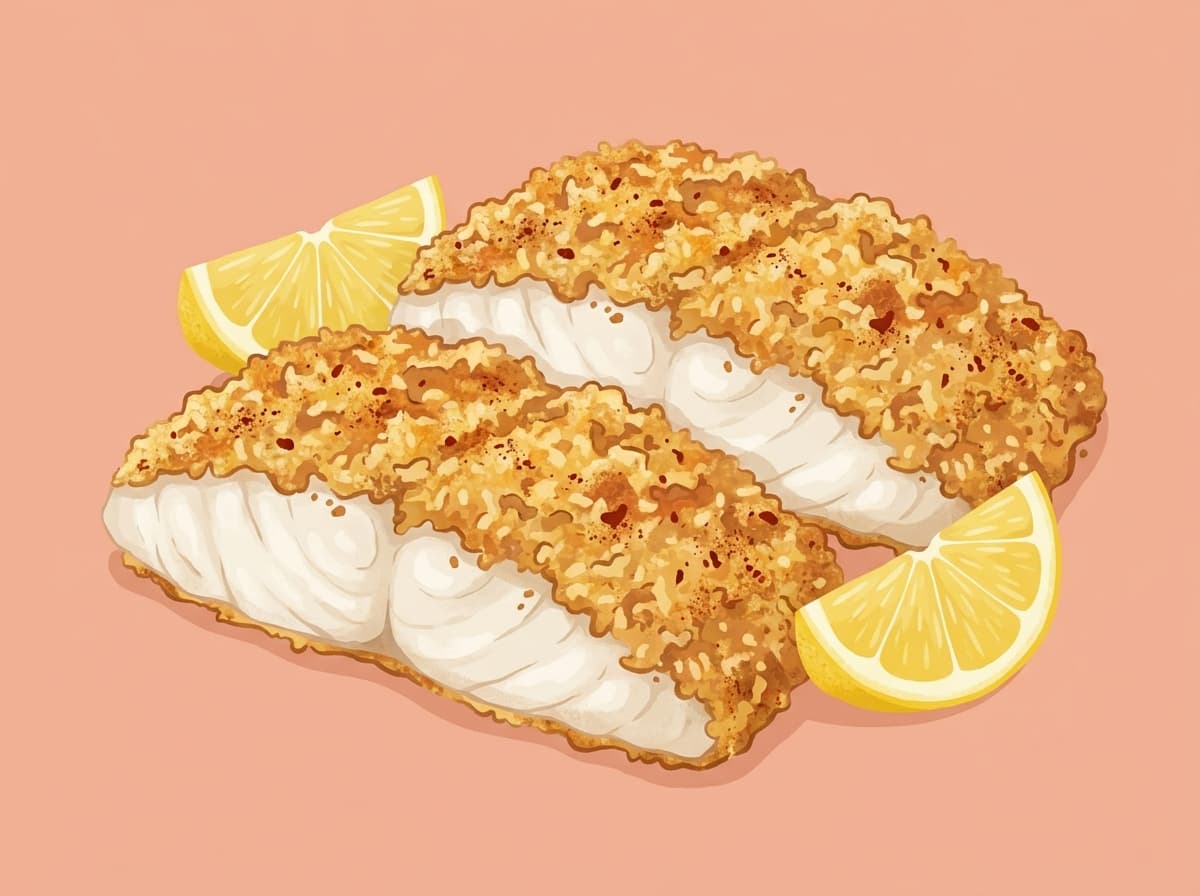 Baked fish fillets with golden panko parmesan crust and lemon