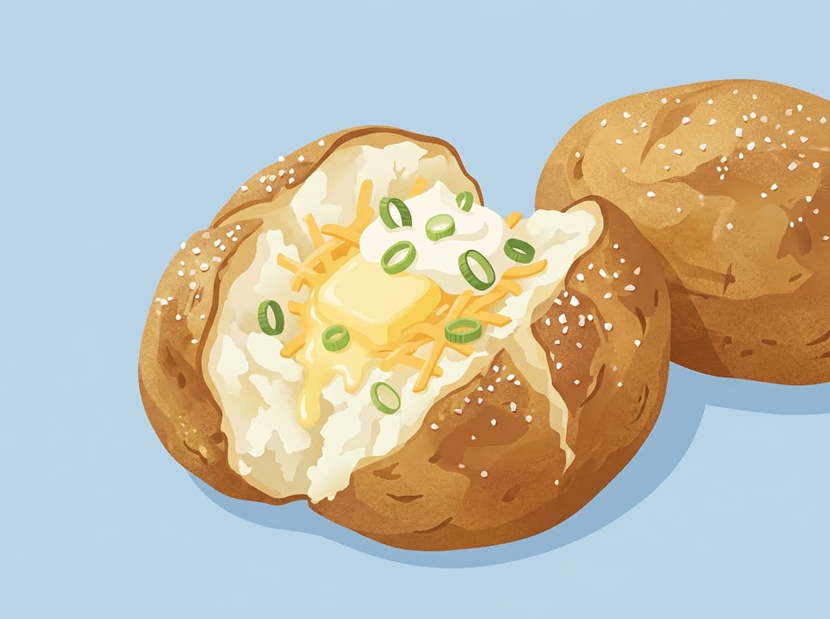 A split baked potato topped with butter, melted cheddar, sour cream and spring onion