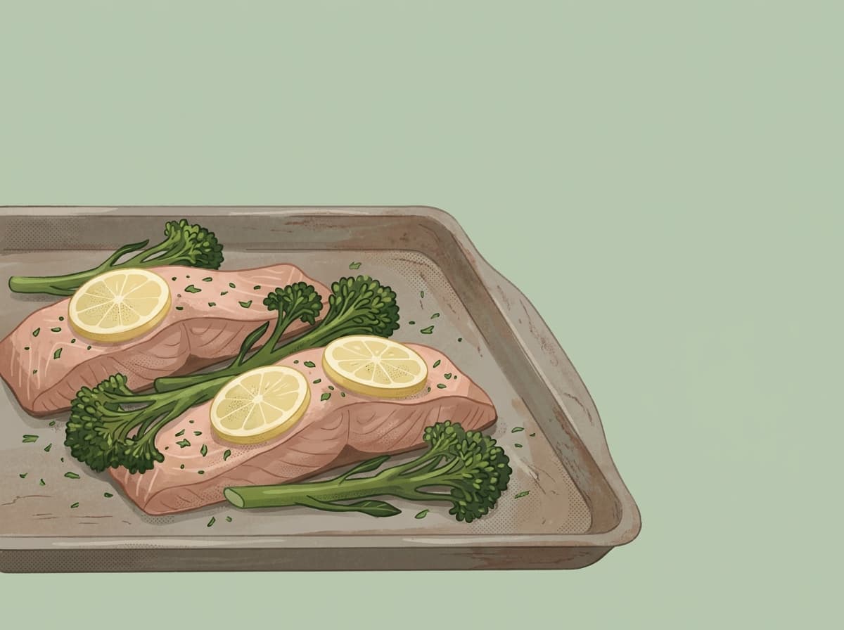 Baked salmon fillets with lemon and broccolini on a tray