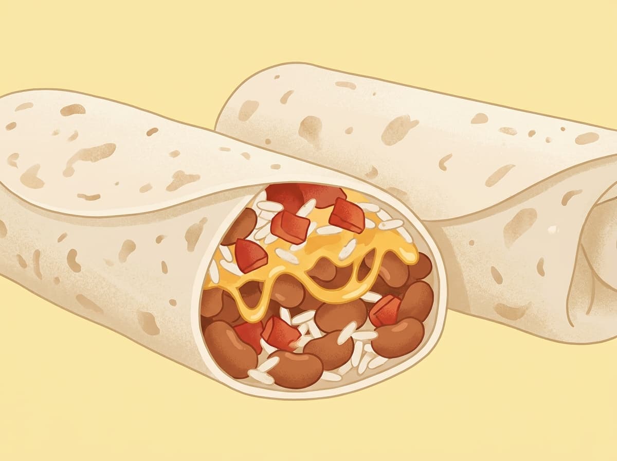 A sliced bean burrito filled with beans, rice, cheese and salsa
