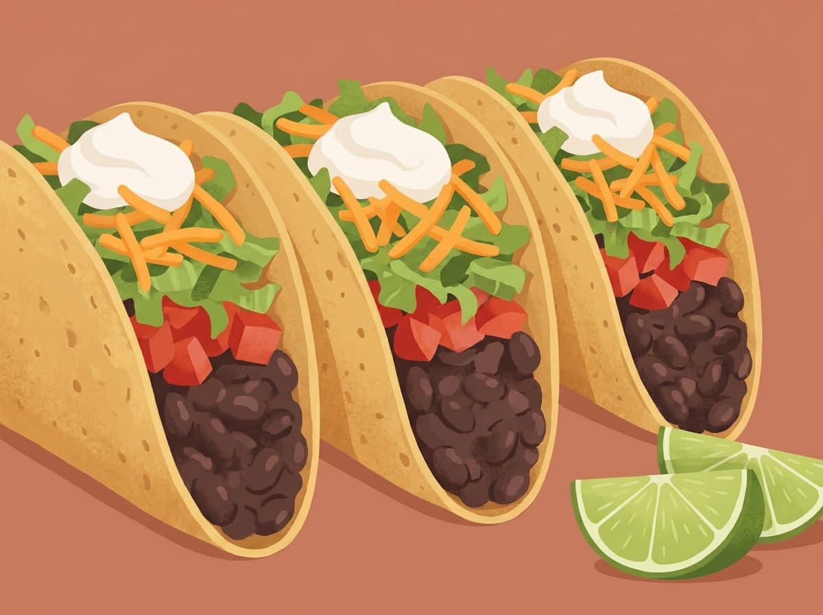 Crunchy taco shells filled with spiced beans, lettuce, tomato and cheese