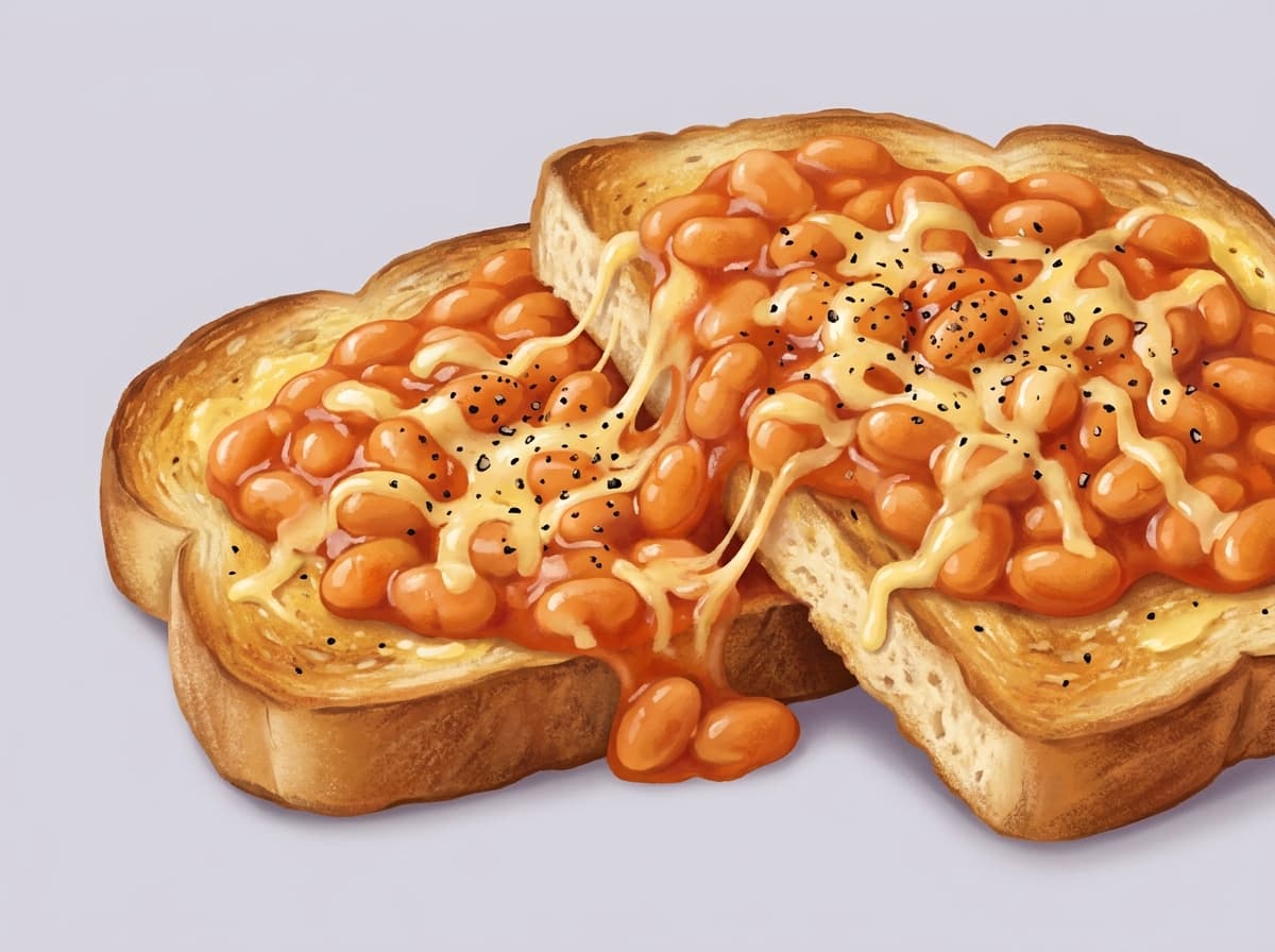Baked beans and melted cheese on thick slices of toast