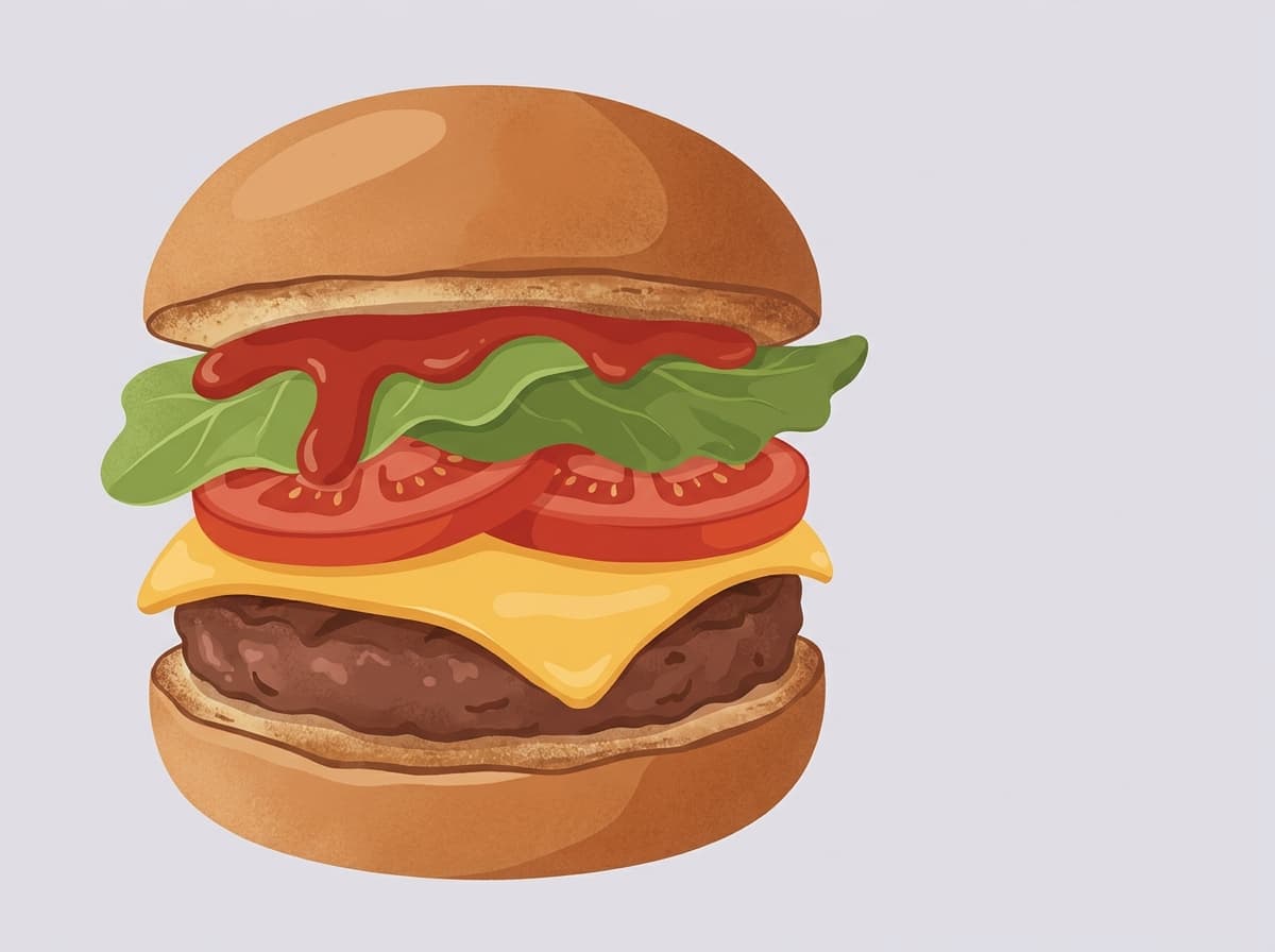 Beef burger with melted cheese, lettuce and tomato in a bun