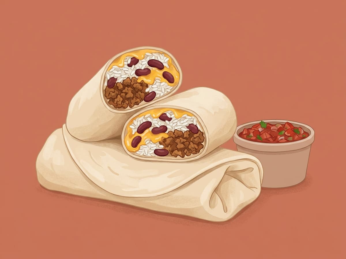 Beef burritos cut in half showing beef, rice and beans