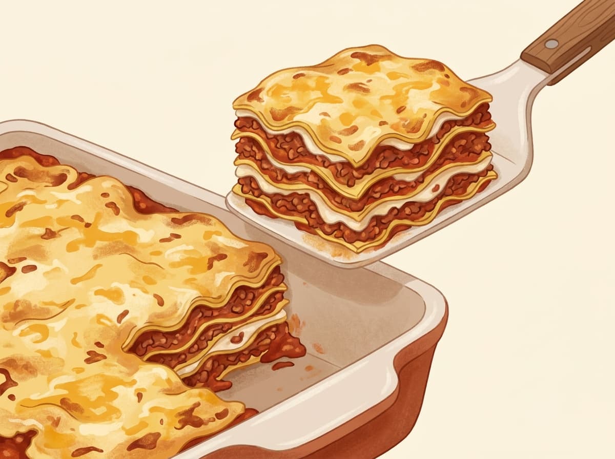 A baked beef lasagne with a golden cheese top, cut into a square