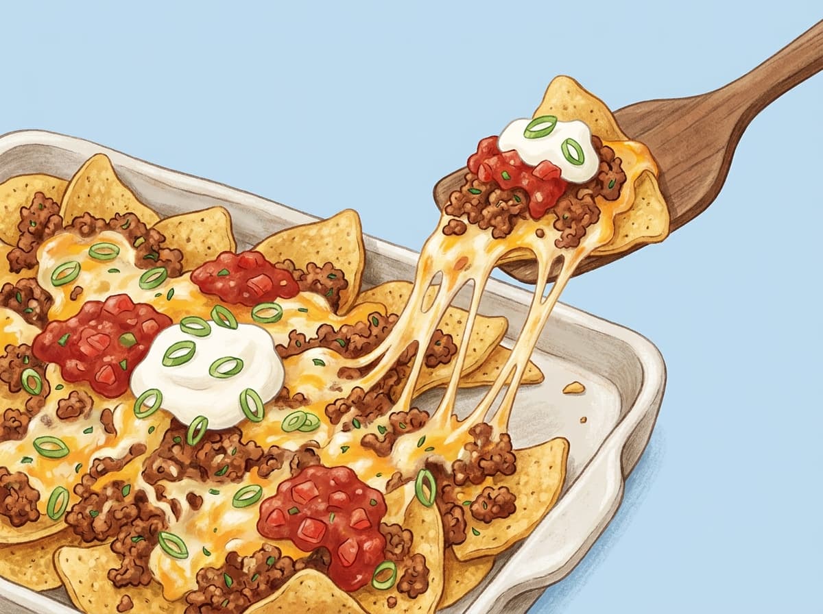 Tray of beef nachos with melted cheese, salsa and sour cream