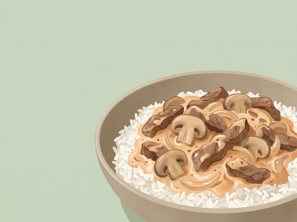 Beef stroganoff with mushrooms in creamy sauce over rice