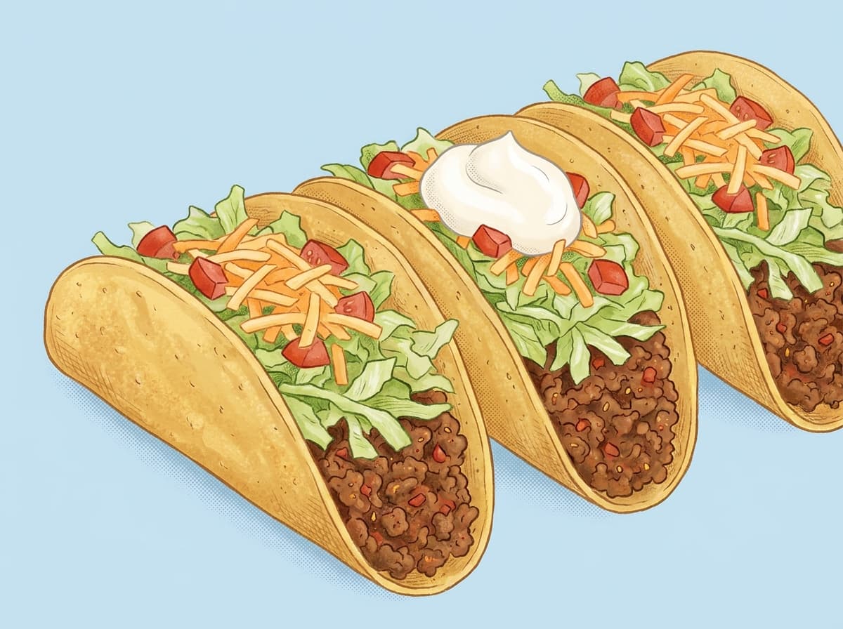 Crisp taco shells filled with spiced beef, lettuce, tomato and cheese