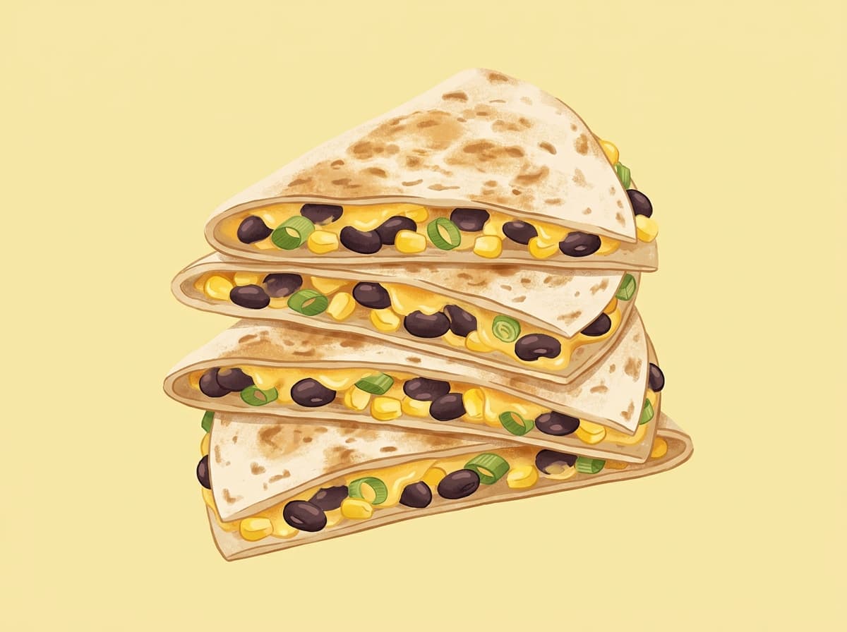 Sliced black bean and cheese quesadillas on a board with salsa