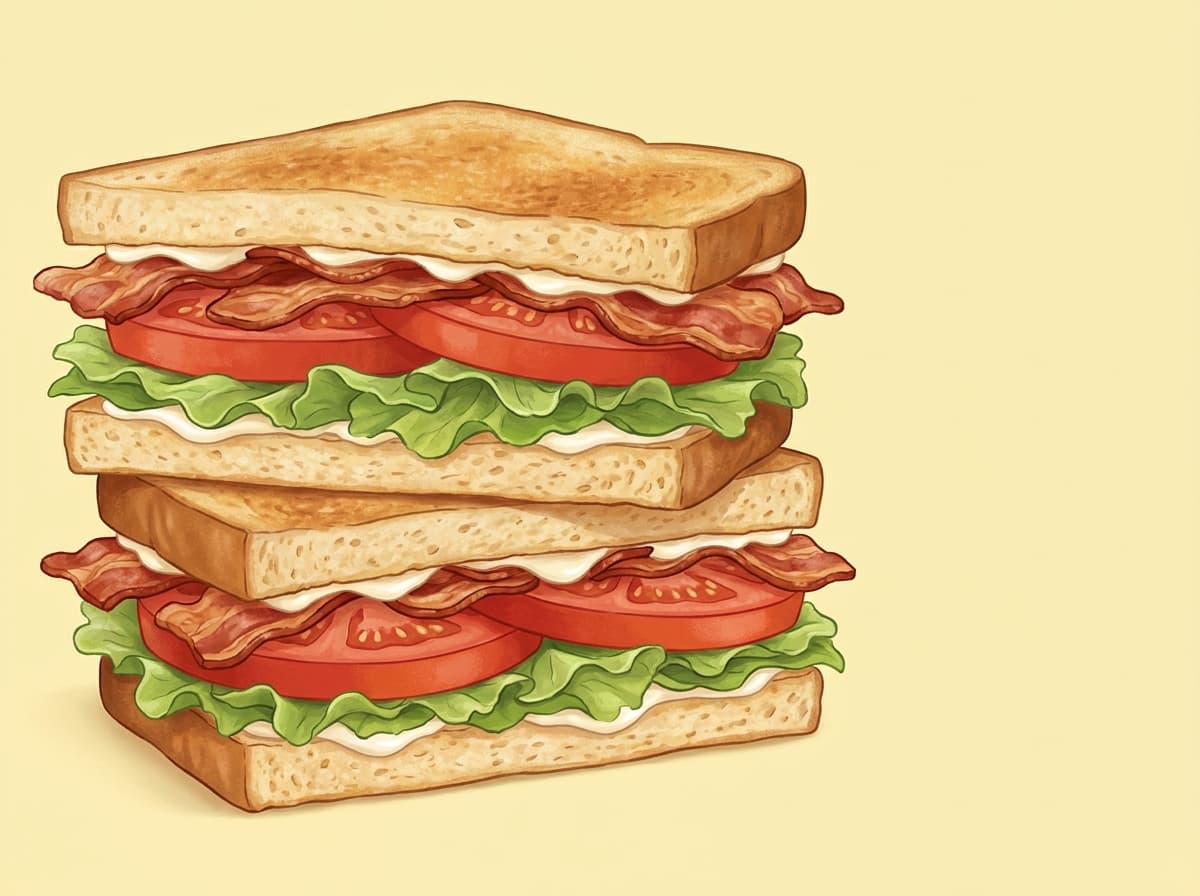 A BLT sandwich cut in half showing crisp bacon, lettuce and tomato