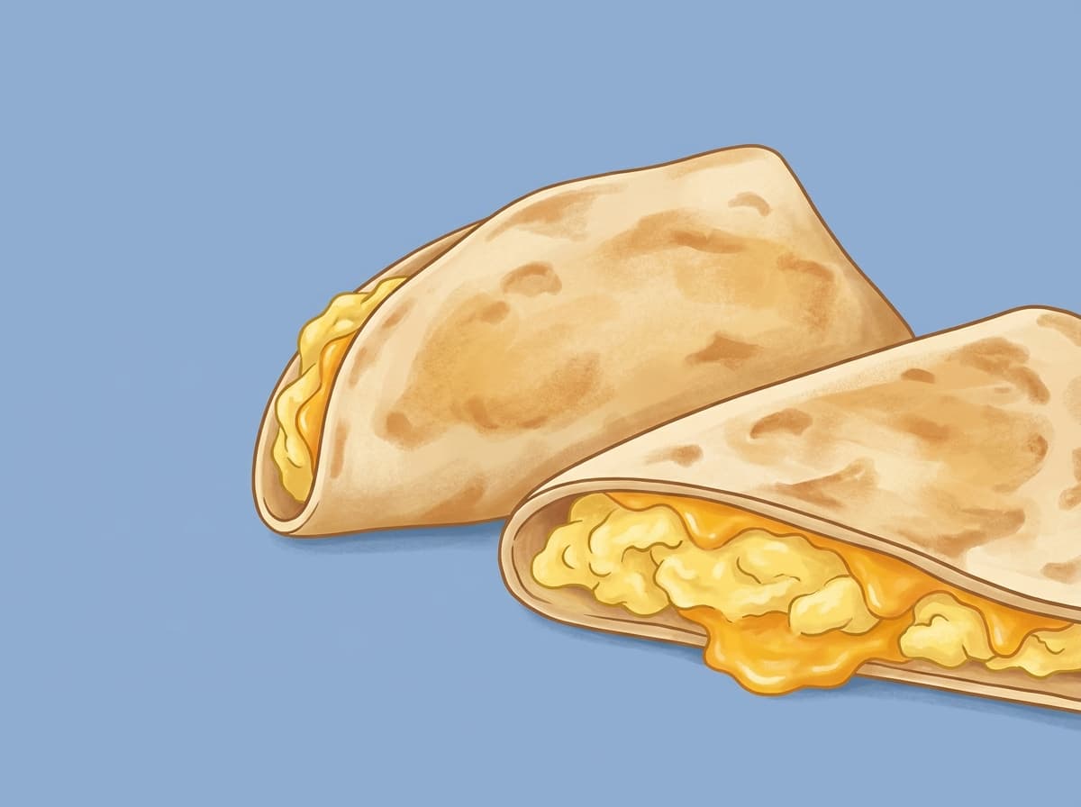 Cut breakfast quesadilla showing egg and melted cheese