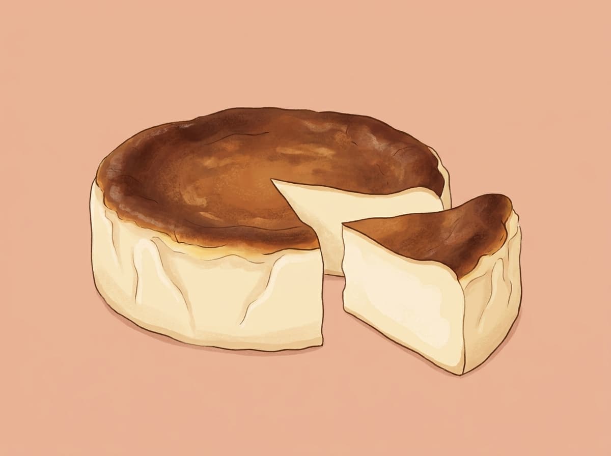 A sliced burnt cheesecake with a dark top and creamy centre