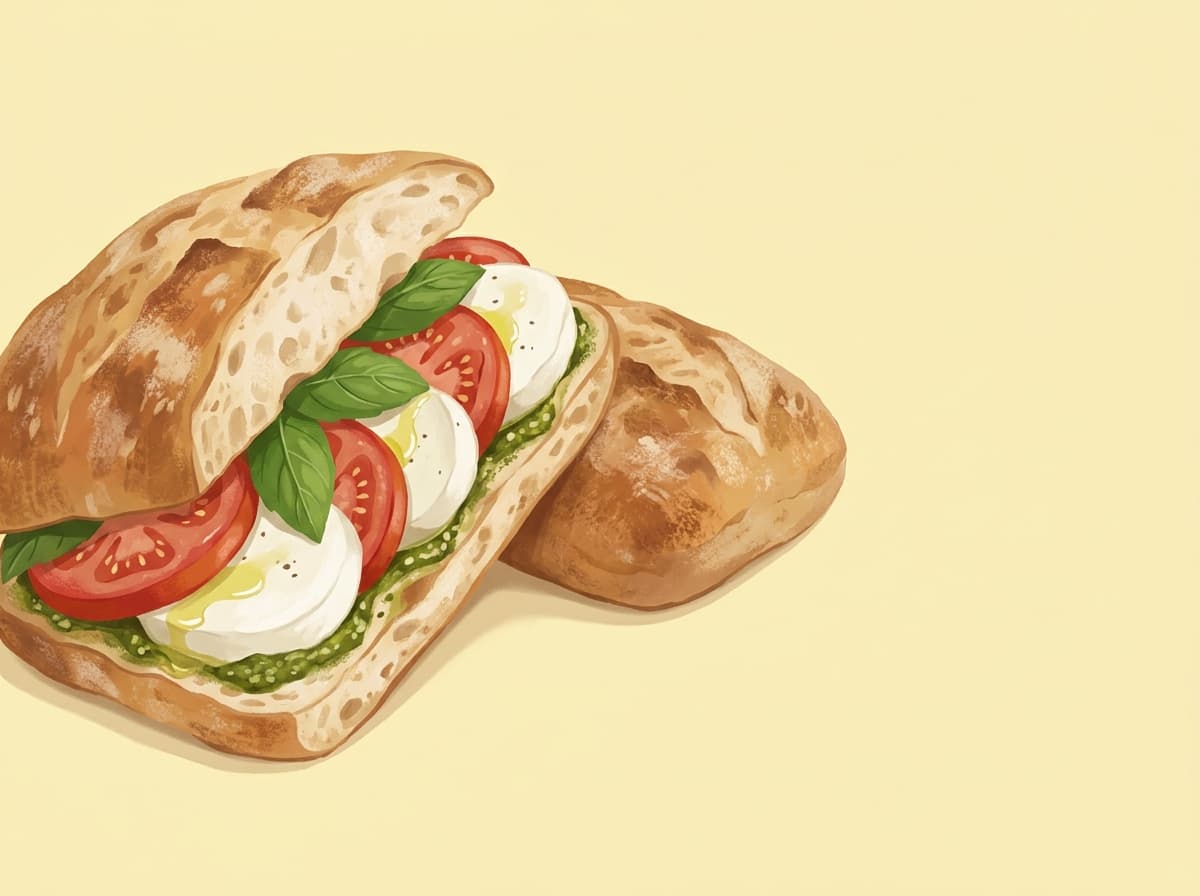 A ciabatta roll filled with sliced mozzarella, tomato, basil and pesto