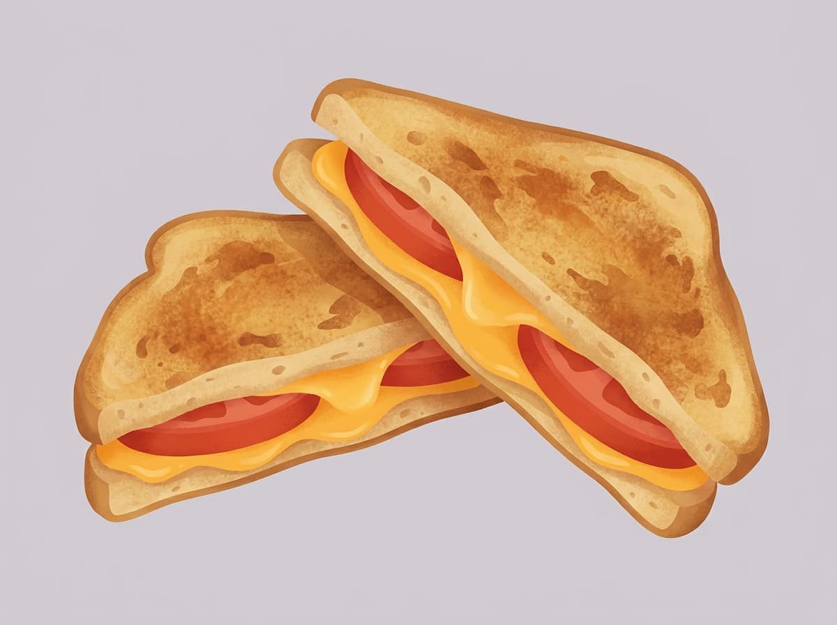 A golden cheese and tomato toastie cut in half with melted cheese