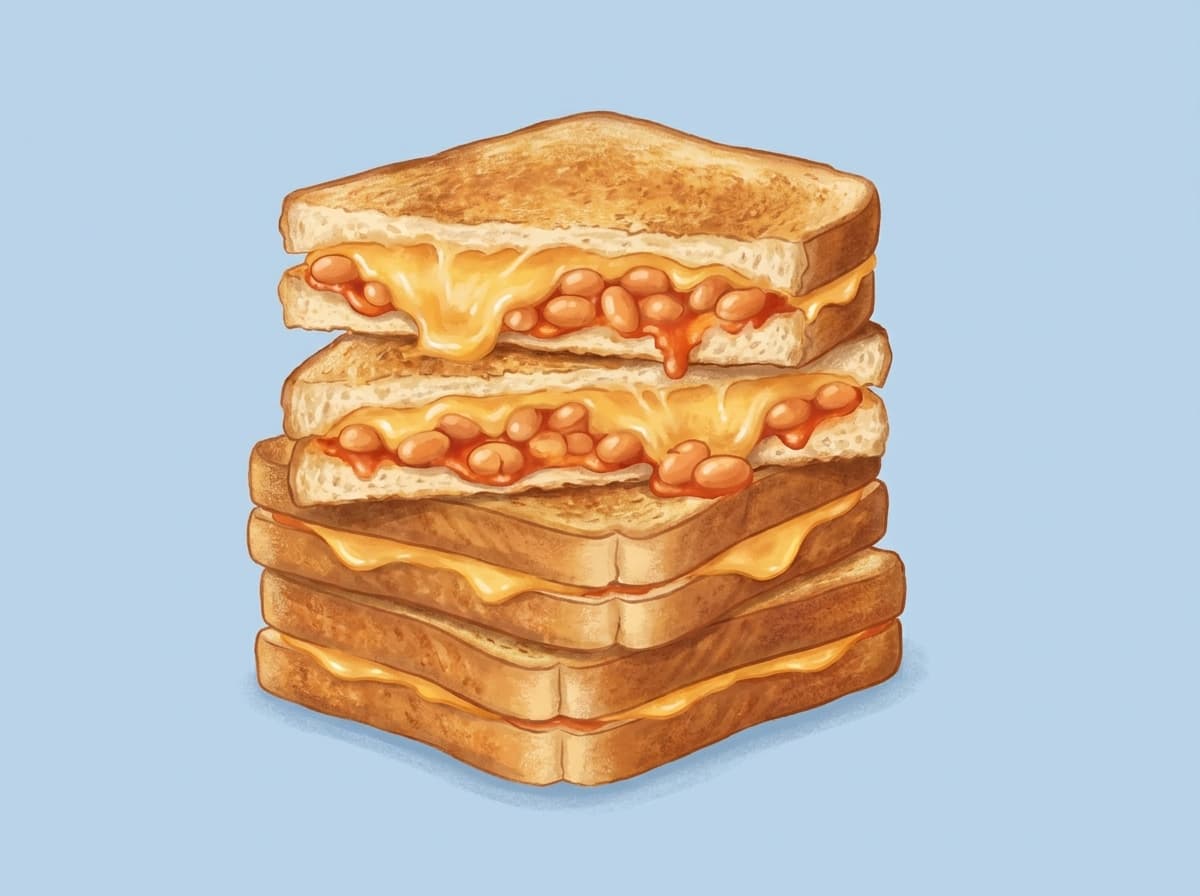 A golden toastie cut open to show baked beans and melted cheese