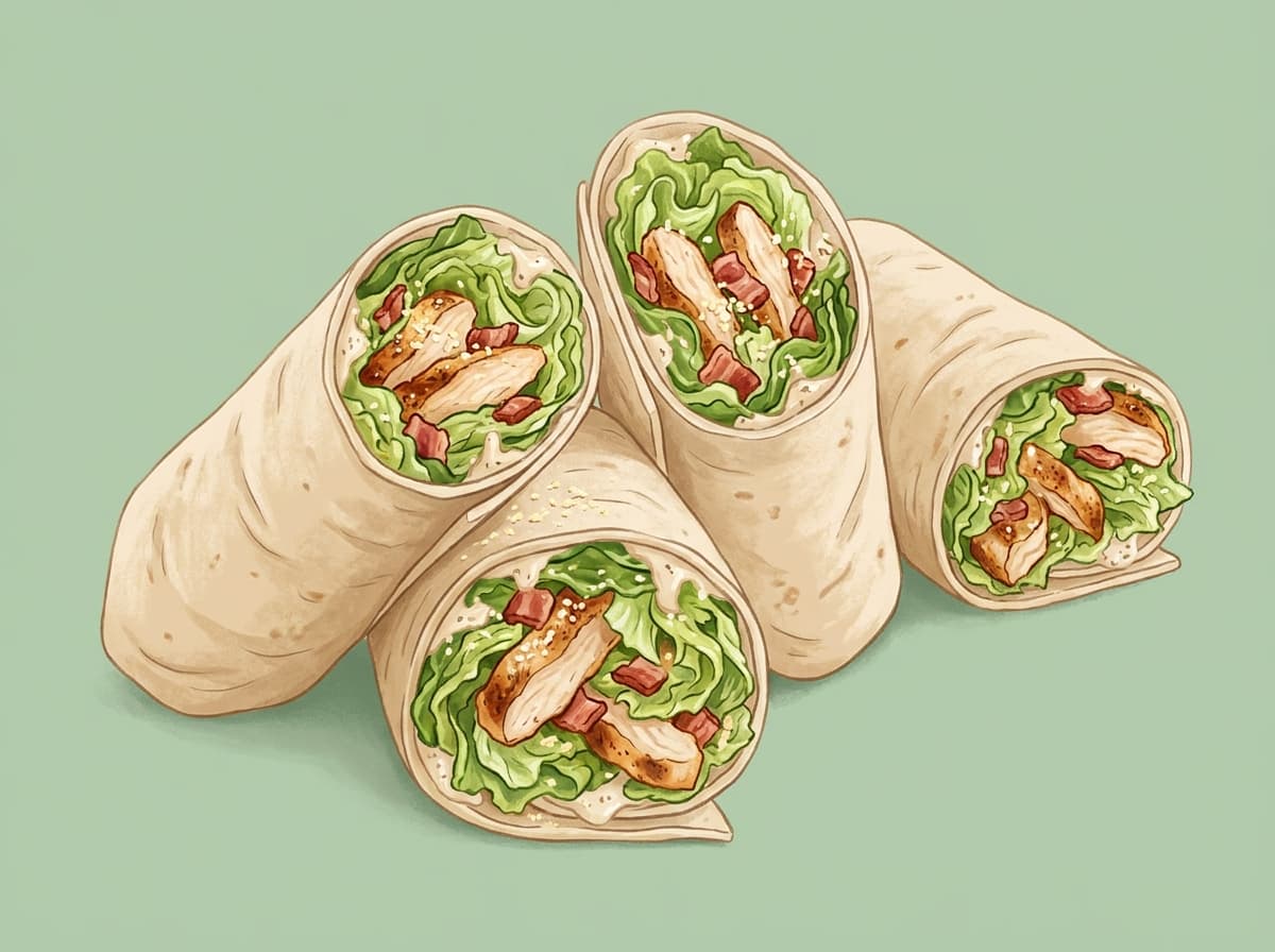 A chicken Caesar wrap cut in half showing chicken, bacon, cos lettuce and parmesan