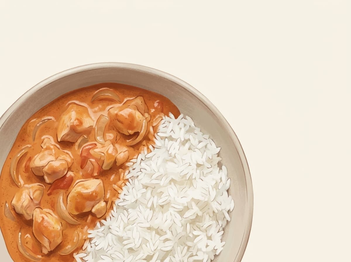 A bowl of mild chicken curry served with rice