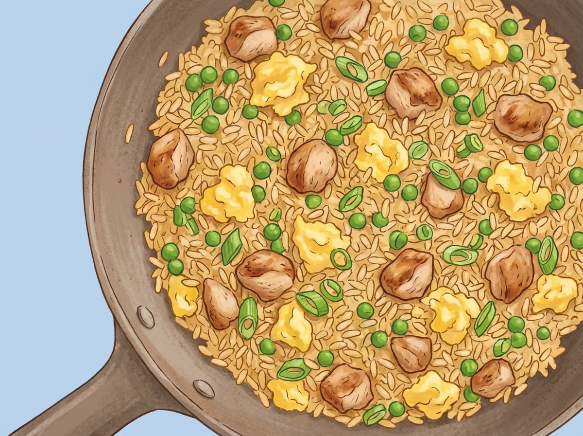 A pan of chicken fried rice with egg, peas and spring onions