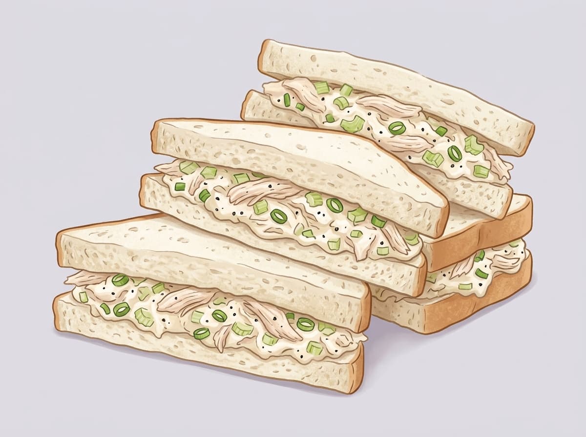A chicken mayo sandwich cut in half with creamy shredded chicken filling